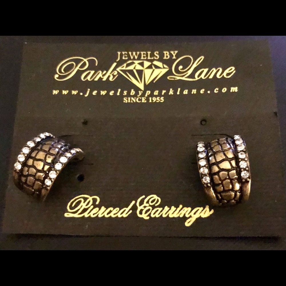 Park Lane Earrings Reptile Print Distressed Gold Color with Clear Crystals